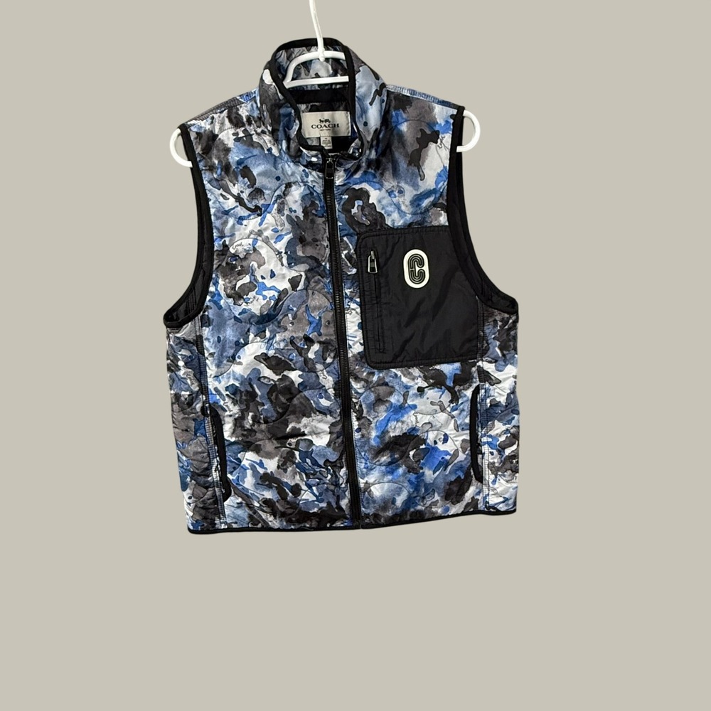 Coach Mens Blue Watercolor Camo Quilted Puffer Vest Zip Front Logo 89728 M